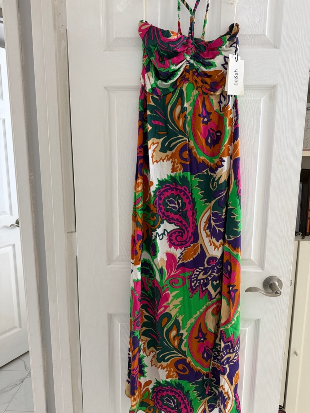 ba&sh Strapless Maxi Dress in Green, Pink, Purple and Orange Paisley